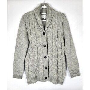 Peregrine 100% Wool Cable Knit Cardigan Sweater Shawl Collar Size Large Gray